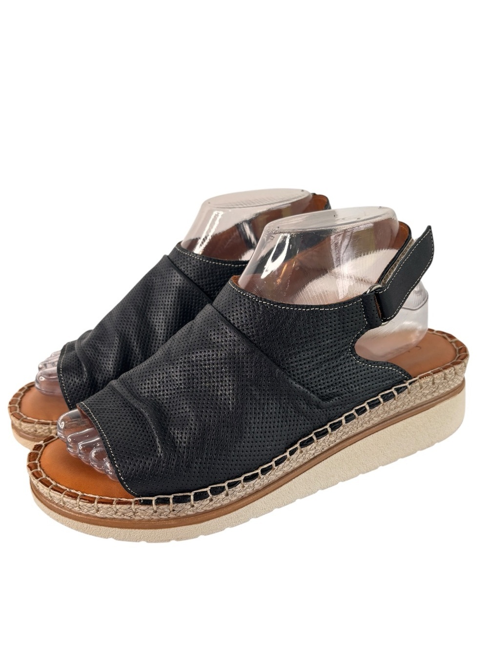 Sanata Yara Black Leather Comfort Sandals Womens Sz 39 US 8.5  9 Espadrille Trim